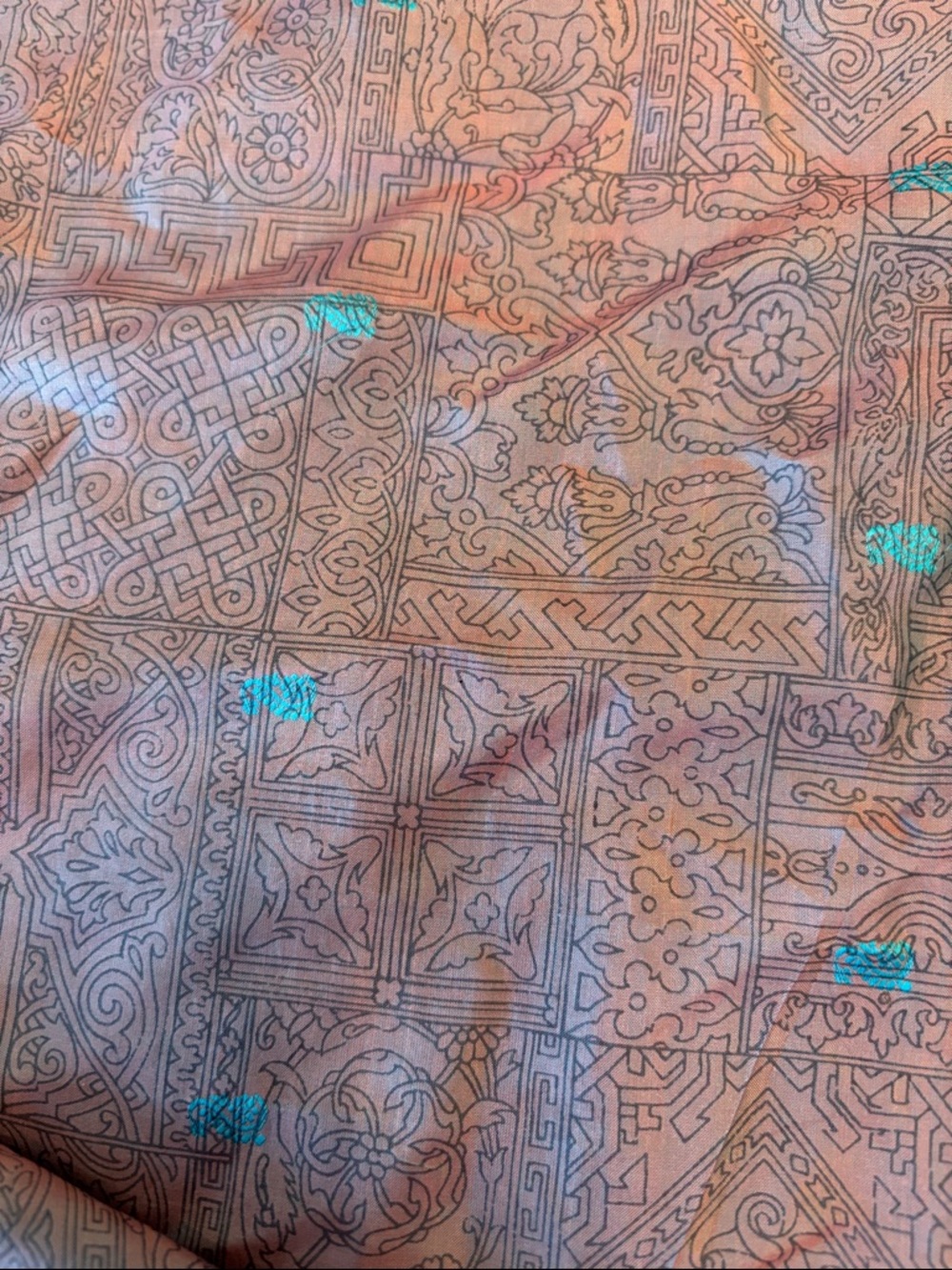 Silk Scarf with Teal Dot Accents and Geometric Print